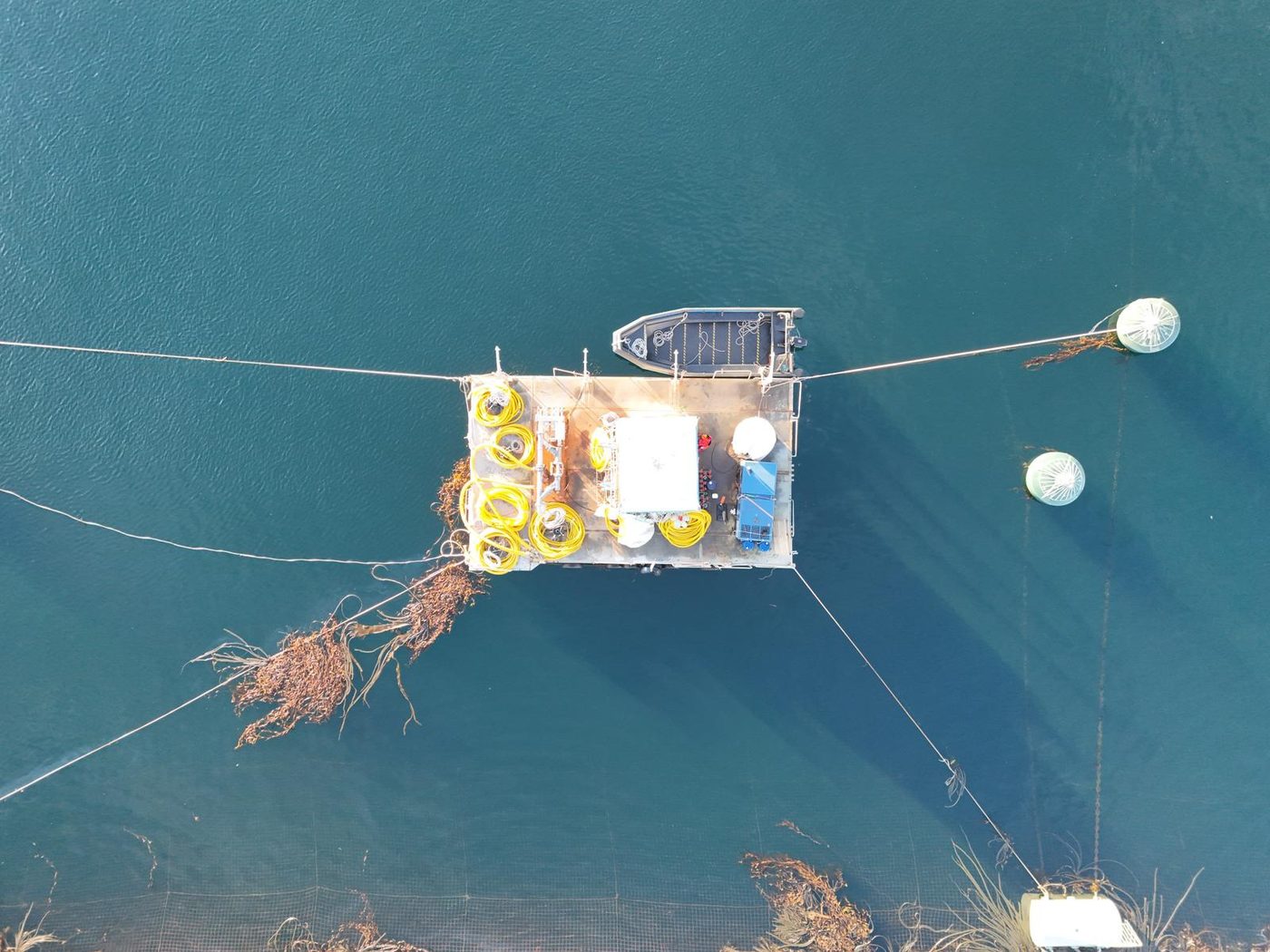 Remediación de fondo marino en operación — vista aérea de centro de cultivo acuícola